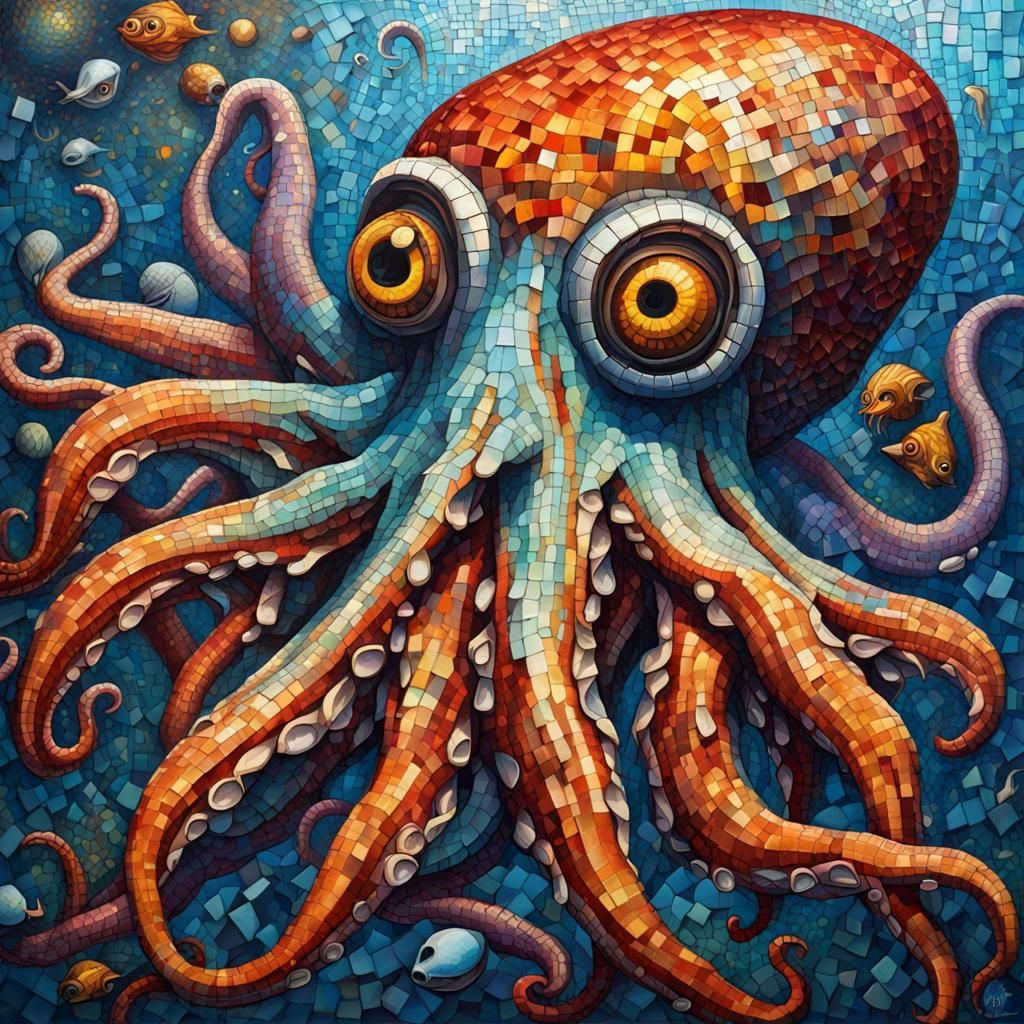 mosaic tile underwater scenery giant squid