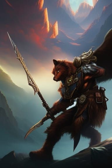 Mysterious Bear-Man in Dark Fantasy Landscape