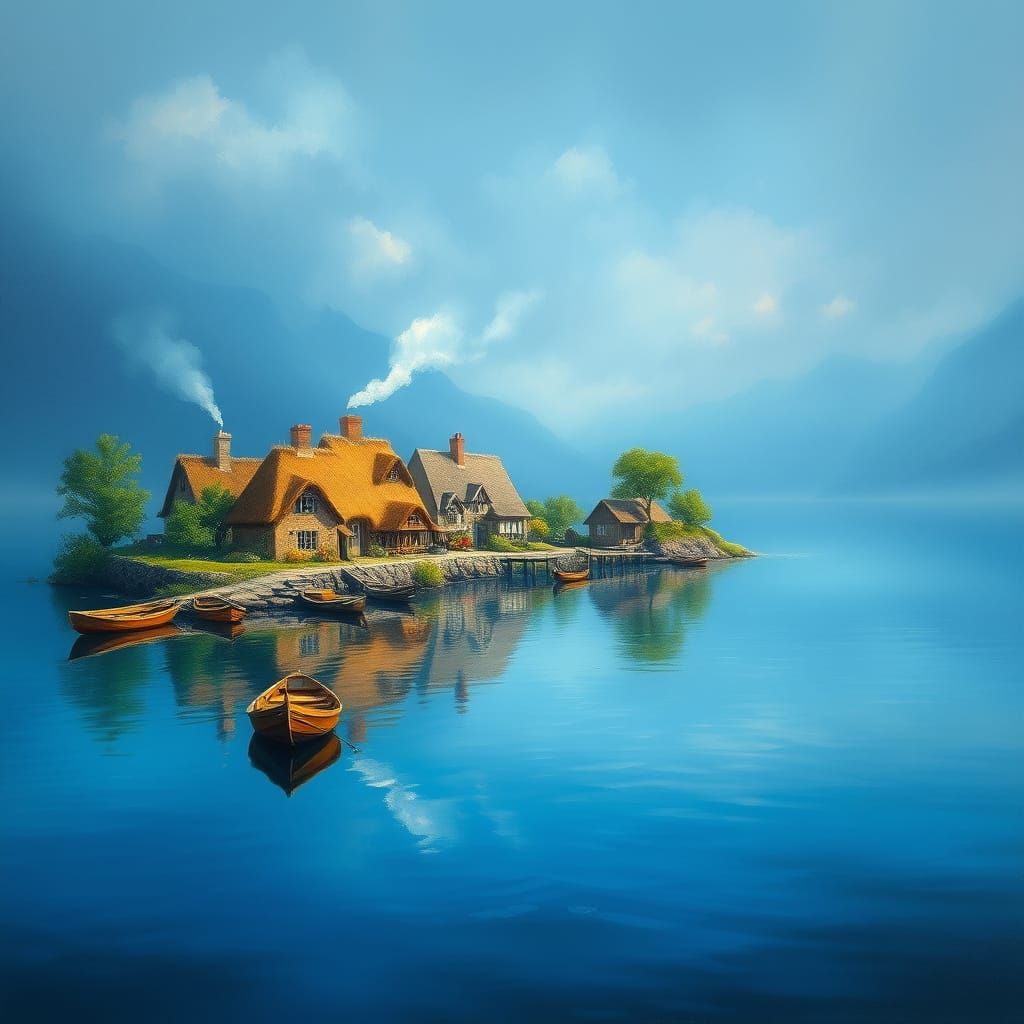 Tranquil Village on a Vast Blue Lake in Oil Painting Style