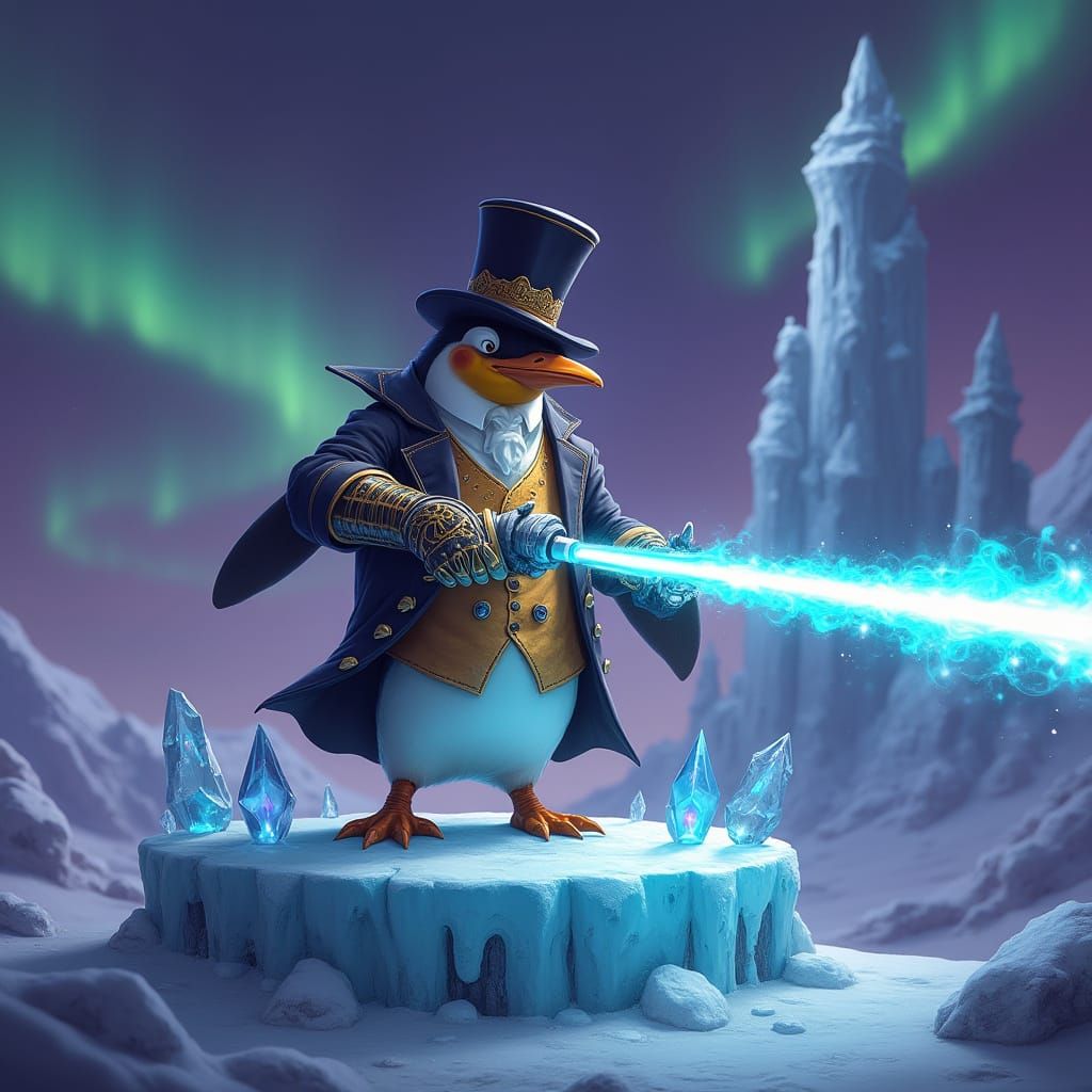 Regal Penguin Hero Unleashes Cosmic Laser