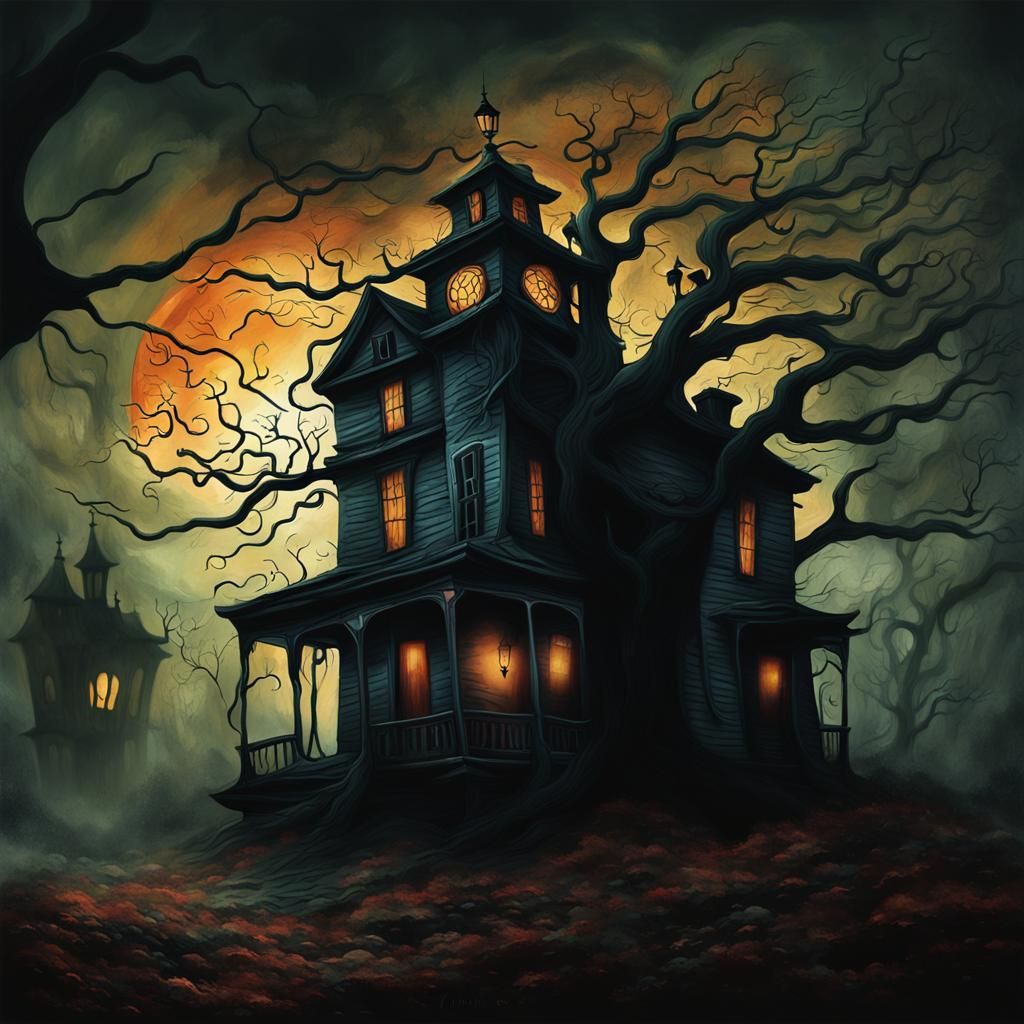 Eerie Haunted House with Twisted Tree in Dark Fantasy Style