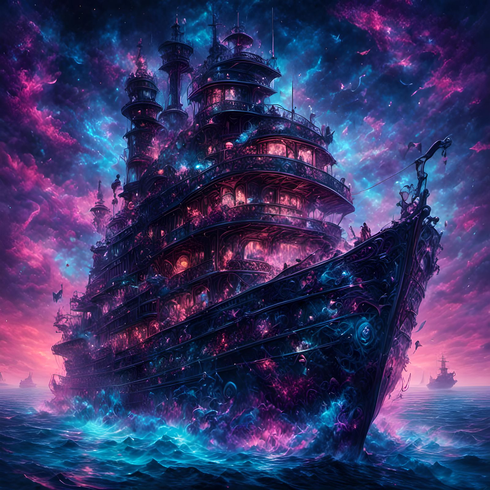 Neon Ghost Ship in Sci-Fi Nautical Scene