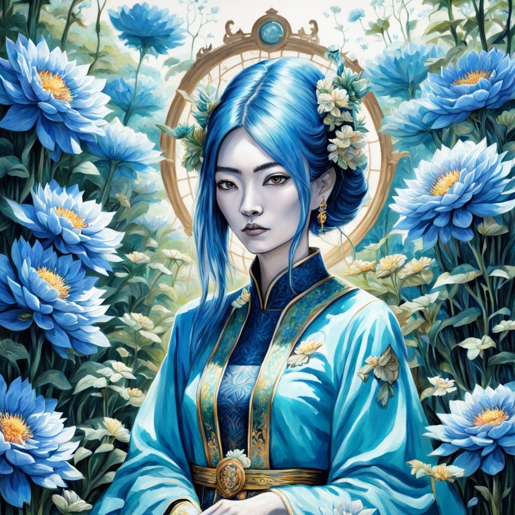 Asian Woman with Teal Skin in Alien Blue Garden Oil Painting