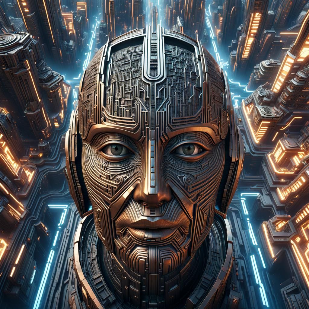 Labyrinthine Cityscape Reveals Wrinkled Cybernetic Face