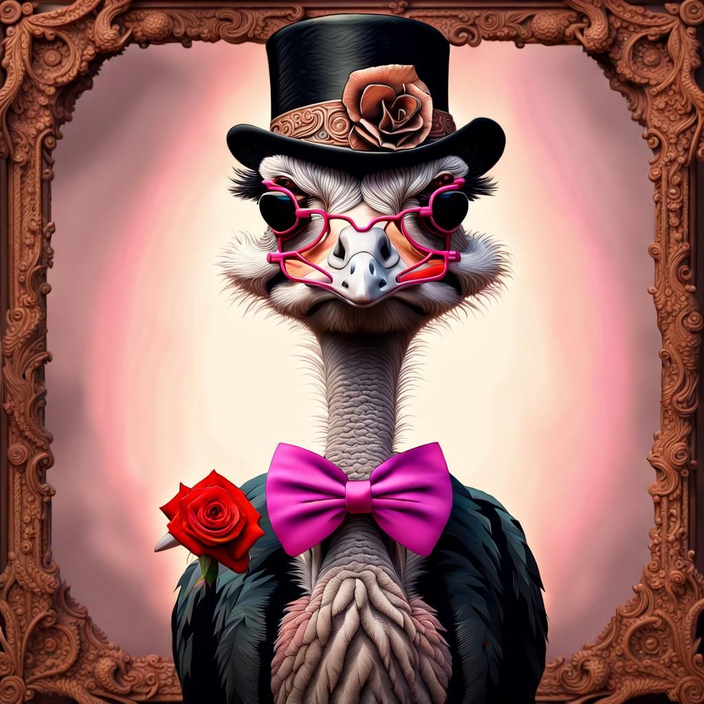 Steampunk Ostrich in Top Hat and Glasses