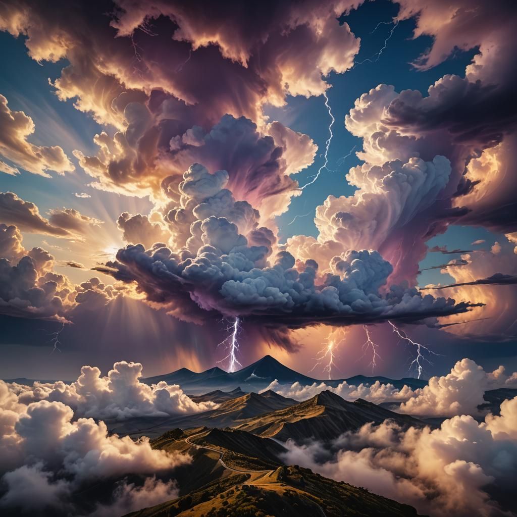 Surreal Landscape with Dancing Clouds in Dreamlike Style