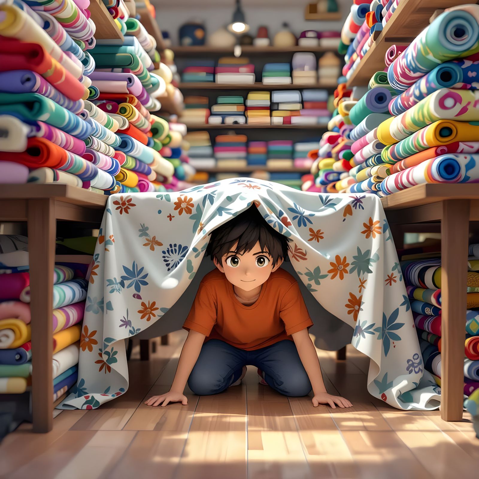 Young Boy Hides in Fabric Store: 3D Anime Art