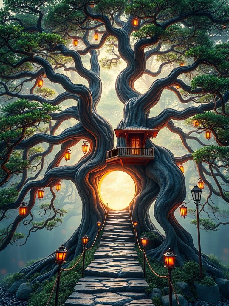 Surreal Treehouse Cathedral with Vibrant, Swirling Colors