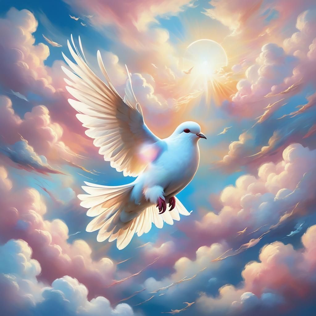Dove Ascending in a Serene Pastel Sky