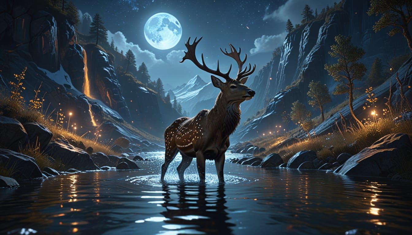 Deer at River Under Starry Night, Dark Fantasy Art