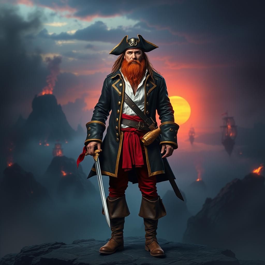 Ginger-Bearded Pirate on Volcanic Island, Matte Painting