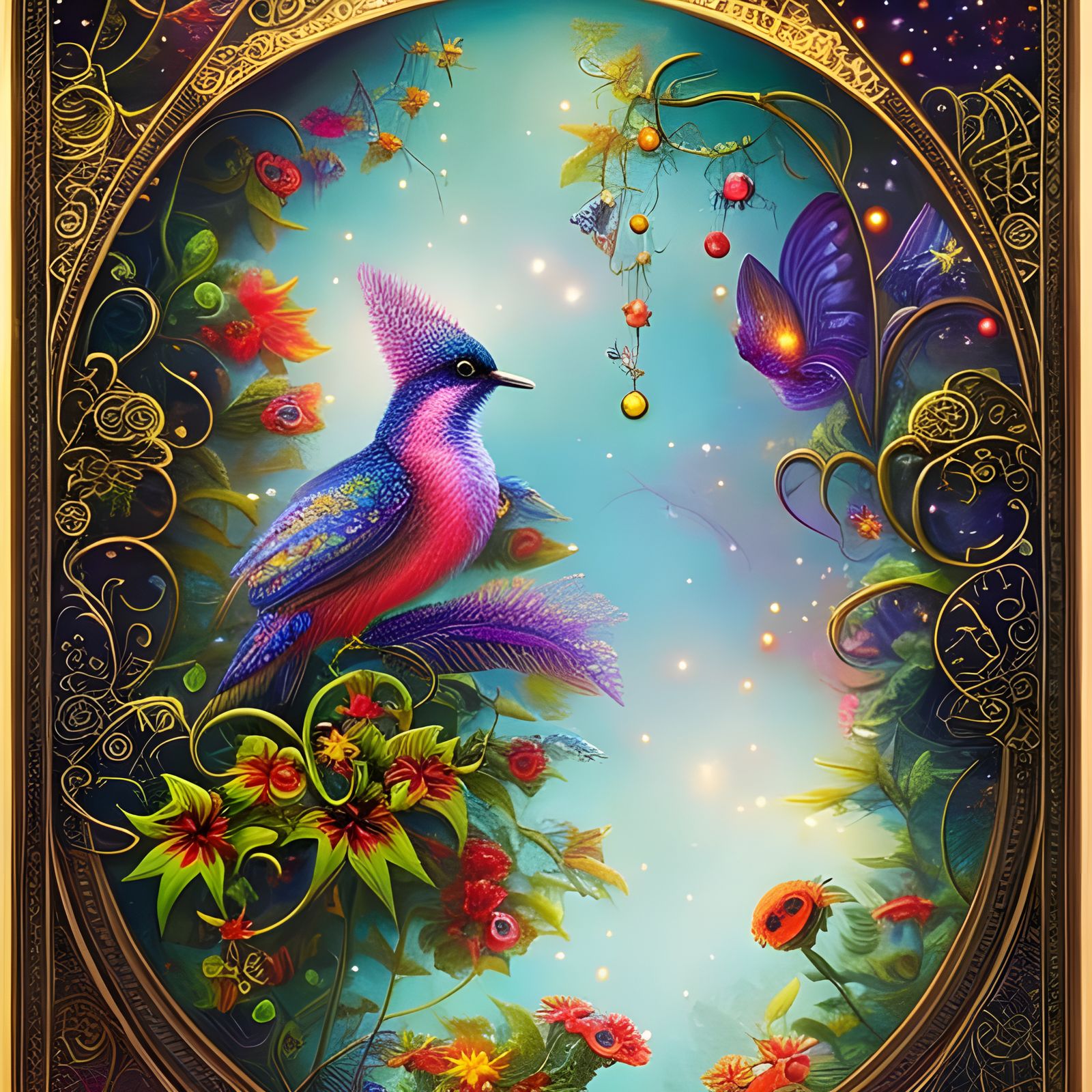 Hummingbird on Bioluminescent Mushroom, Fantasy Illustration