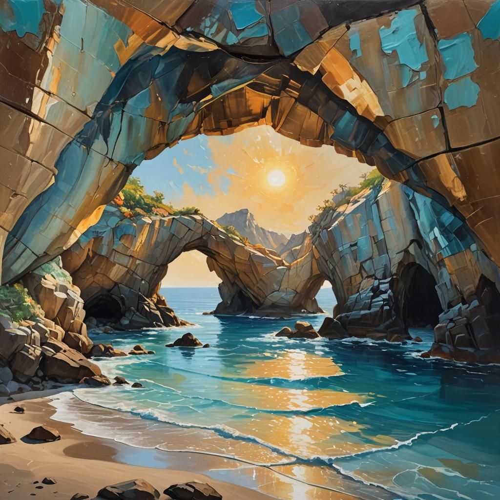 Ocean View From Cave Entrance: Oil Painting