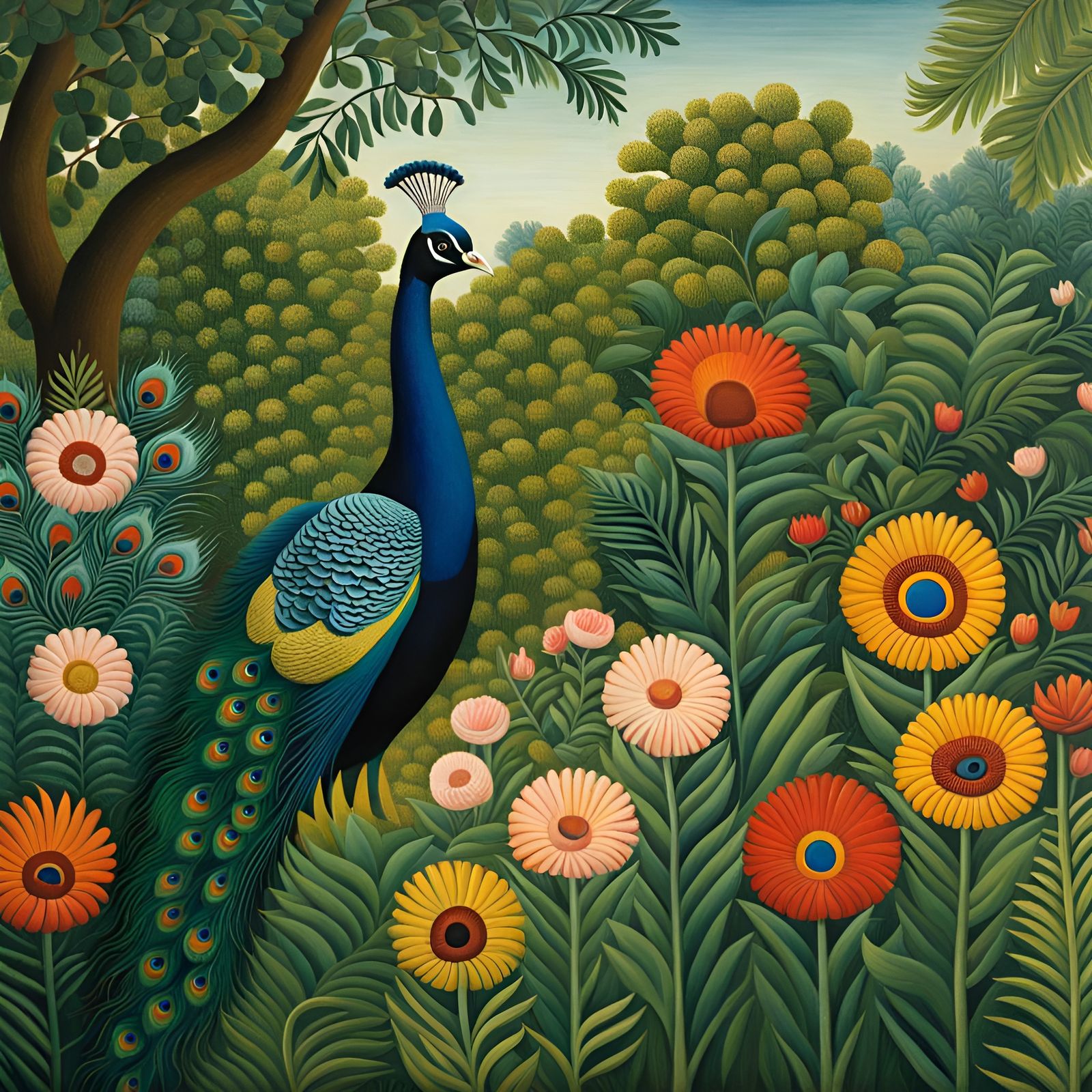 Peacock in Botanical Garden: Naive Art Close-Up