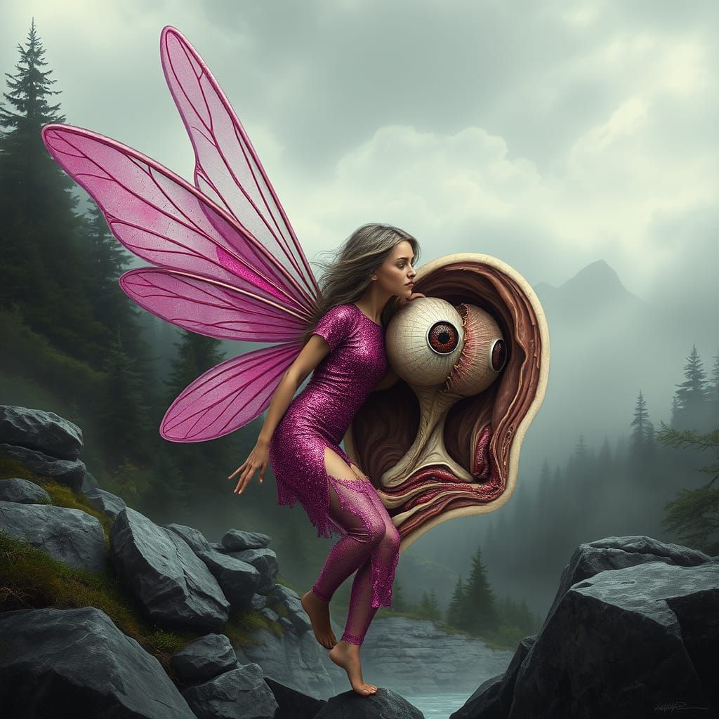 Surreal Fairy in Anatomical Landscape with Chiaroscuro and B...