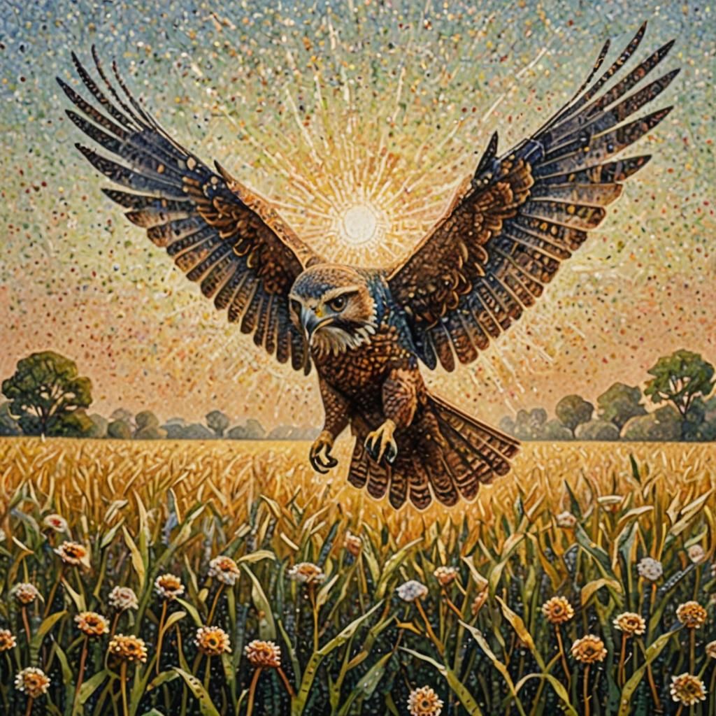Hawk in Flight as Pointillism Art