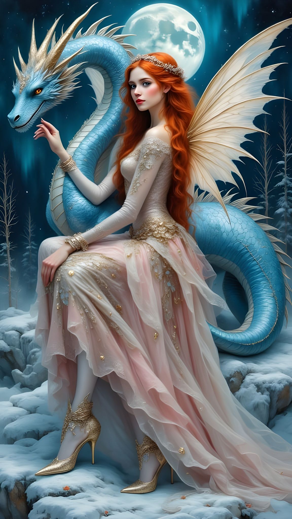 Ethereal Woman with Dragon by Moonlight, Pre-Raphaelite Styl...