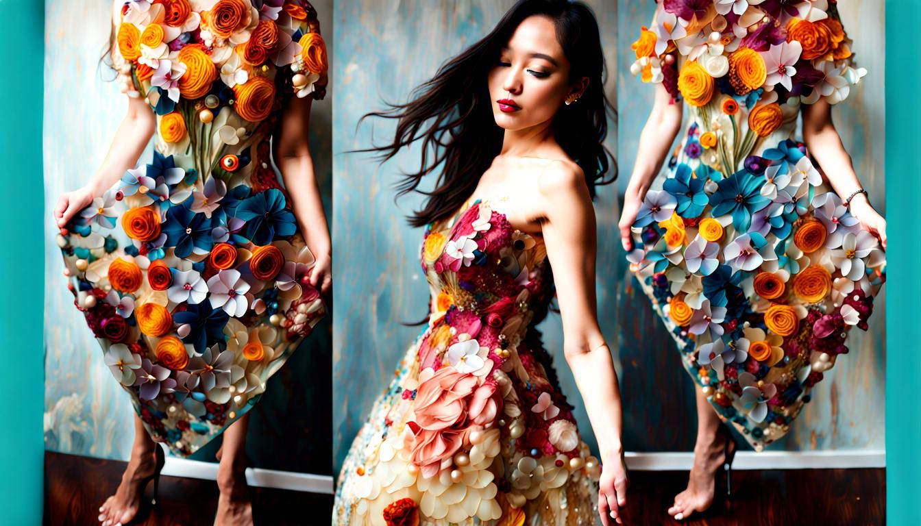 Floral Dress with Silk, Sequins and Pearls