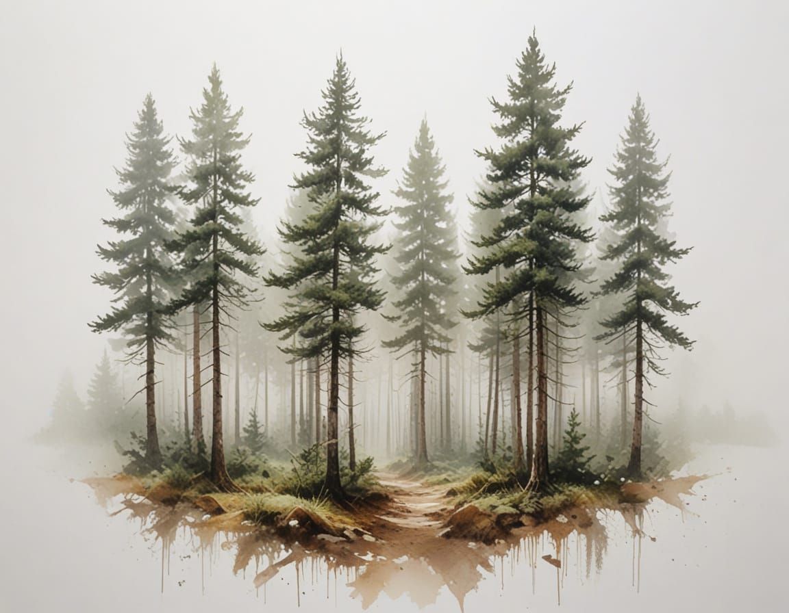 Misty Morning Forest Landscape in Watercolour Style