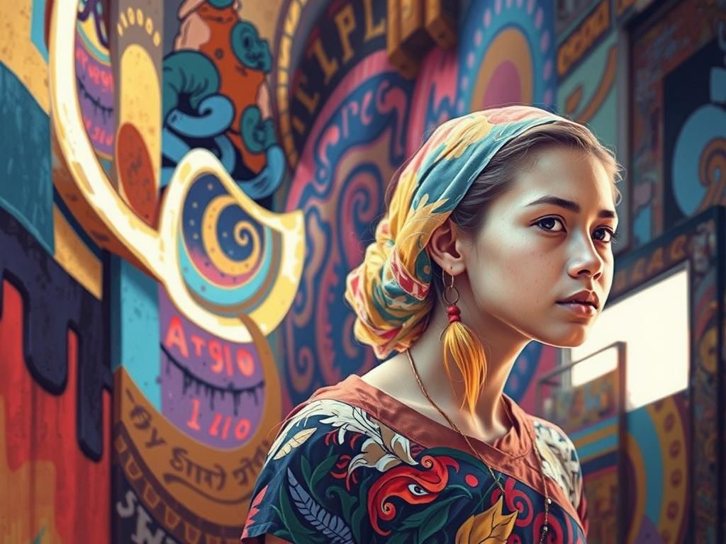 Burmese Girl in Red Dress with Graffiti Art