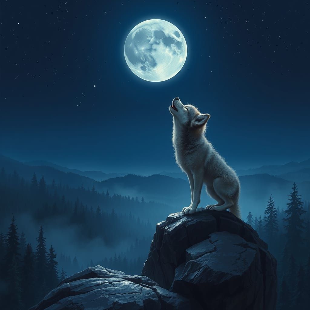 Wolf Under a Dreamy Moonlit Sky