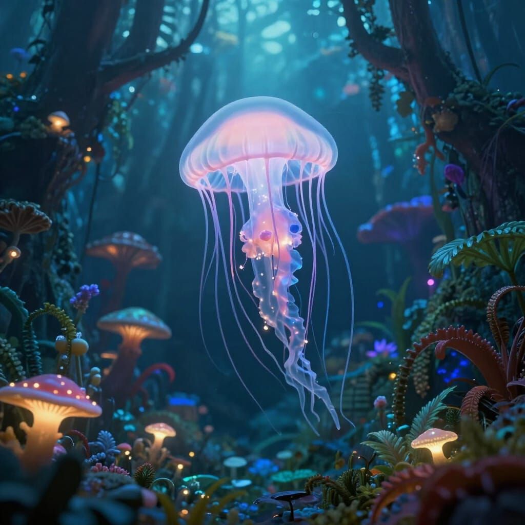 Bioluminescent Jellyfish in Alien Jungle Canopy