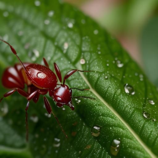 Red Ant Ascends Leaf with Raindrop: Macro Photograph