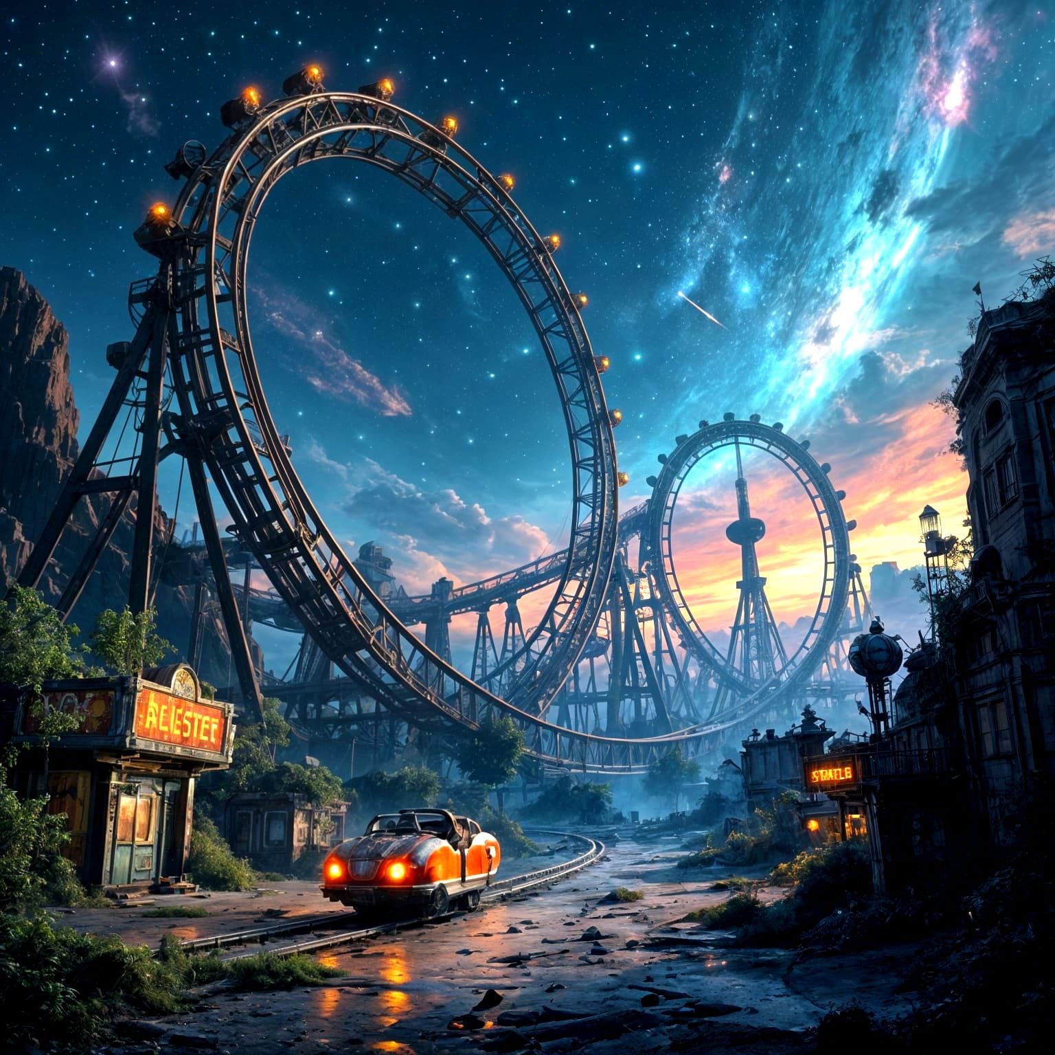 Abandoned Asteroid Theme Park in Cosmic Sci-Fi Art