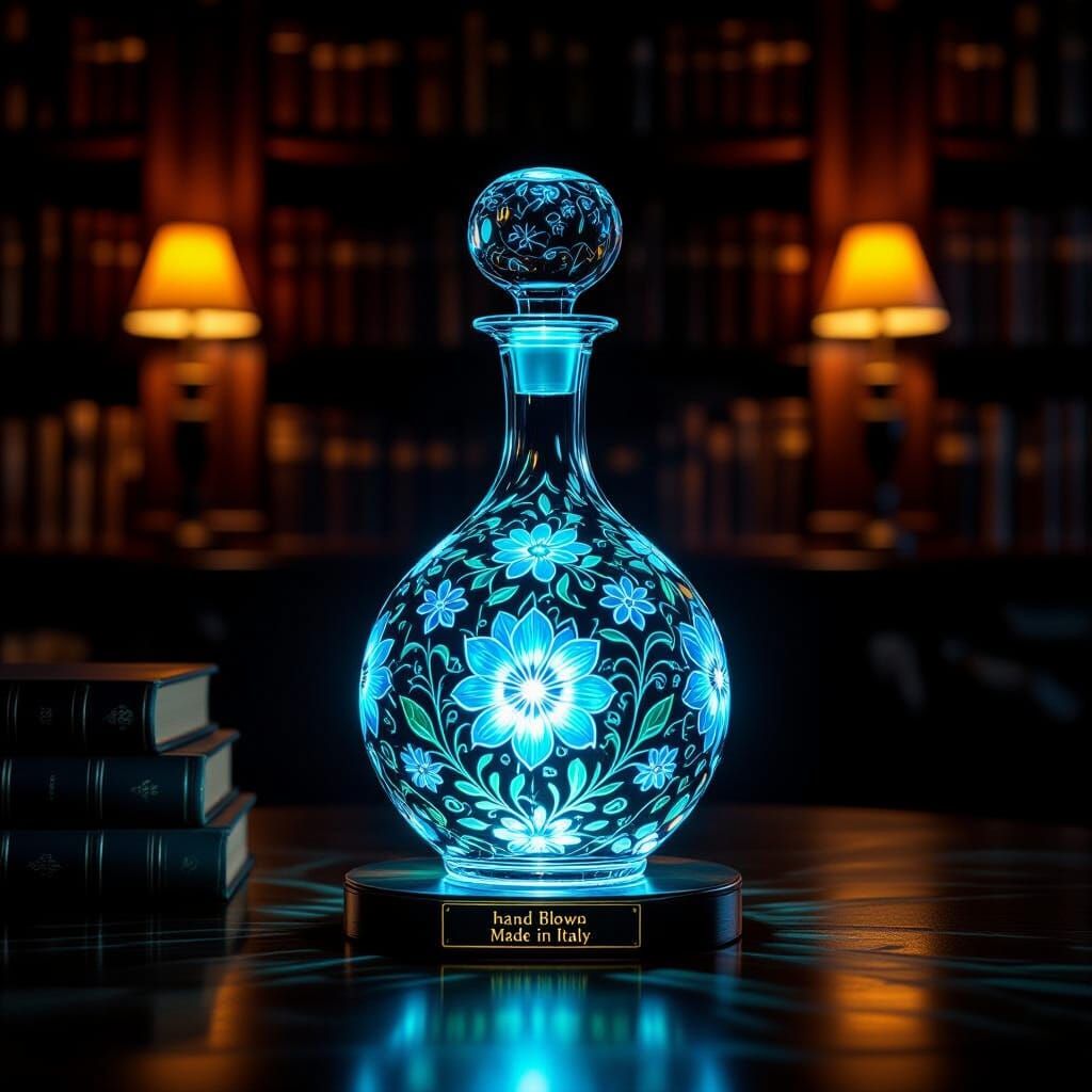 Bioluminescent Glass Decanter in Dimly Lit Library