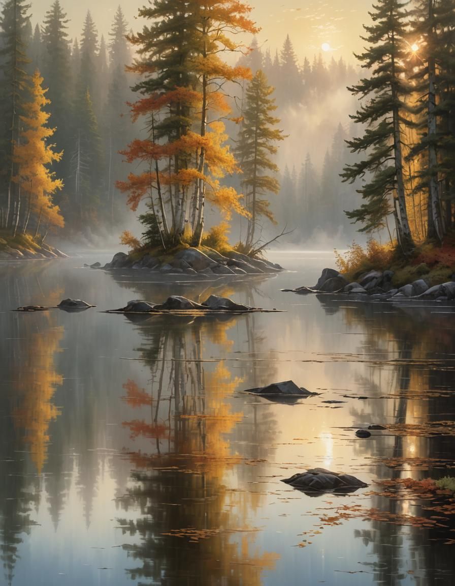 Misty Island Reflection: A Tranquil Oil Painting