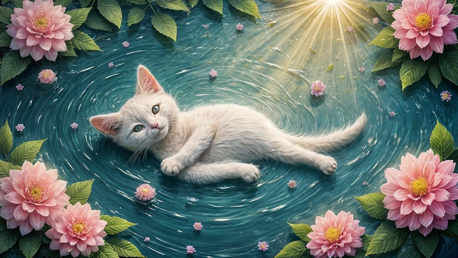 Cat Adrift in Bloom in Crystal Lagoon Dreams