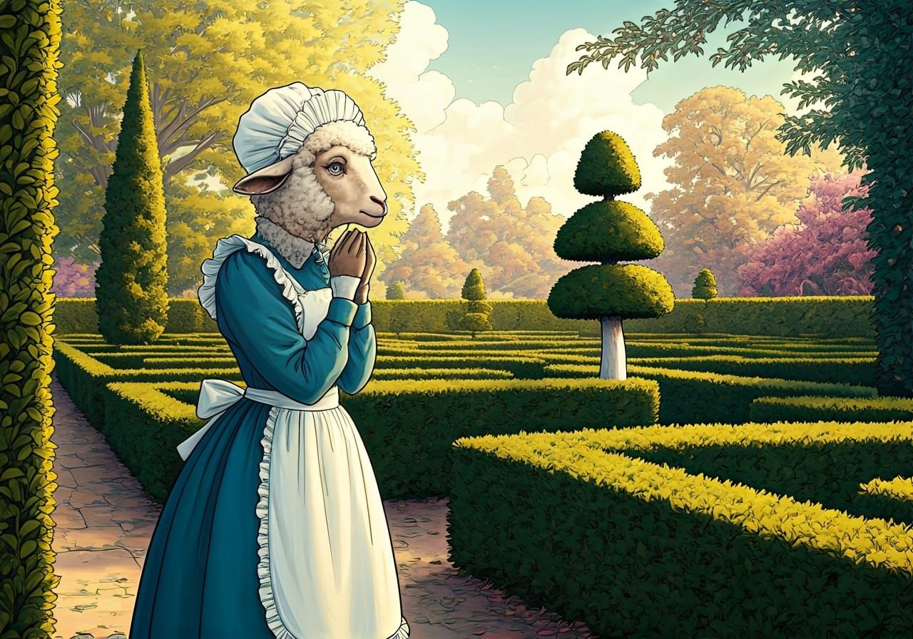 Victorian Sheep Maid and Topiary, Fairytale Illustration