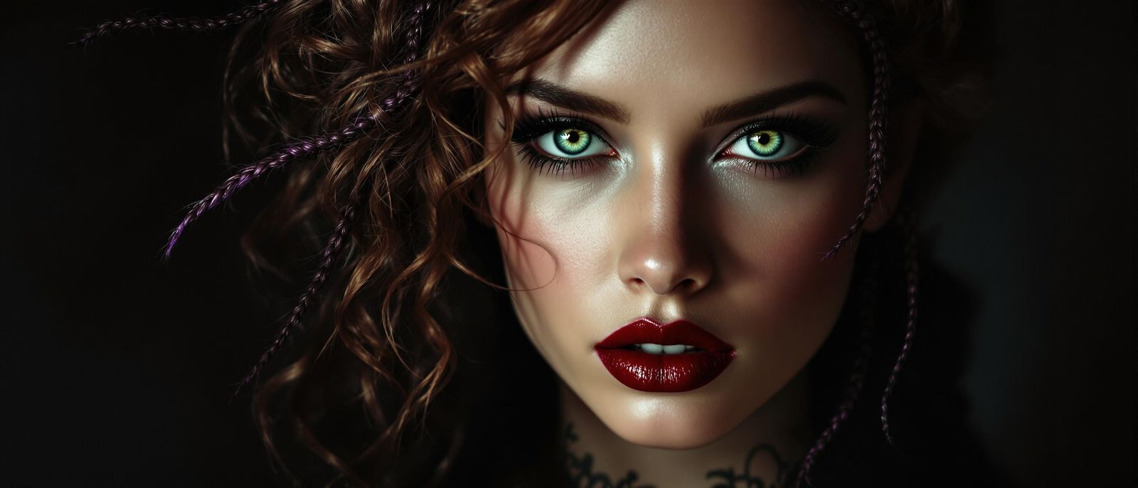 Gothic Woman with Emerald Eyes and Dark Red Lipstick