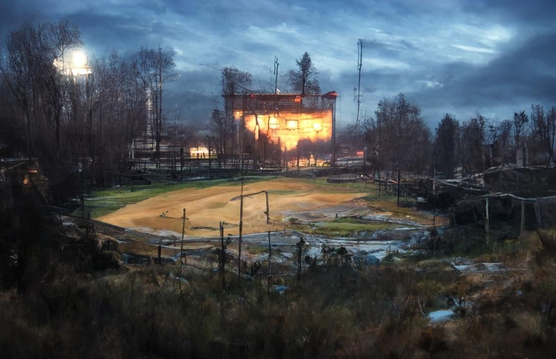 Post-Apocalyptic Baseball Stadium at Dusk: Matte Painting