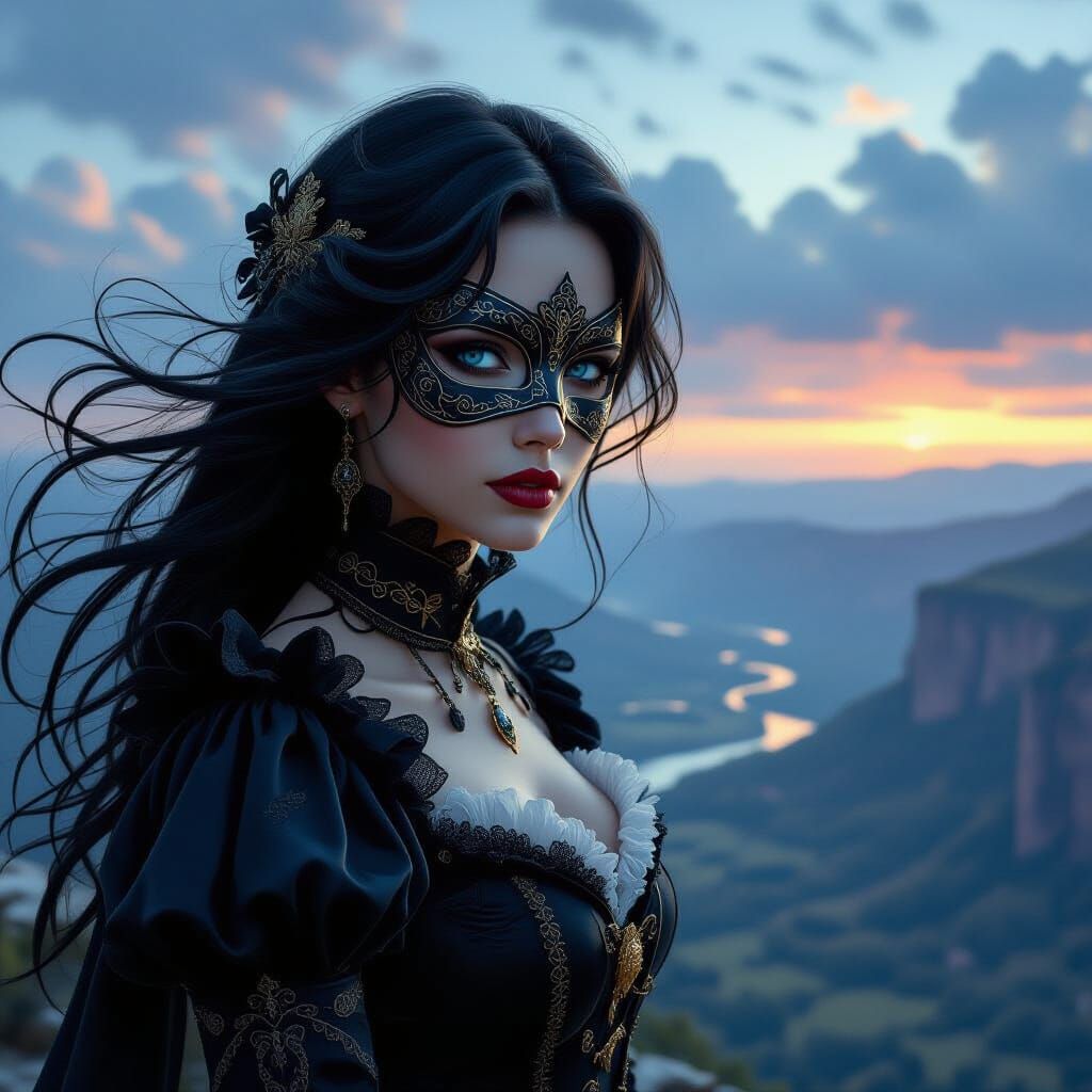 Masked Woman Overlooks Mysterious Valley: Dark Fantasy