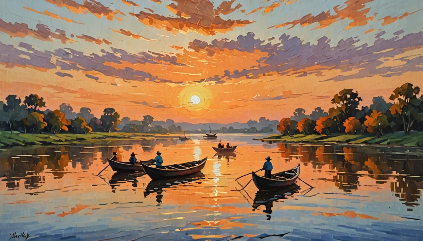 Idyllic Sunset River Scene as Impressionist Painting