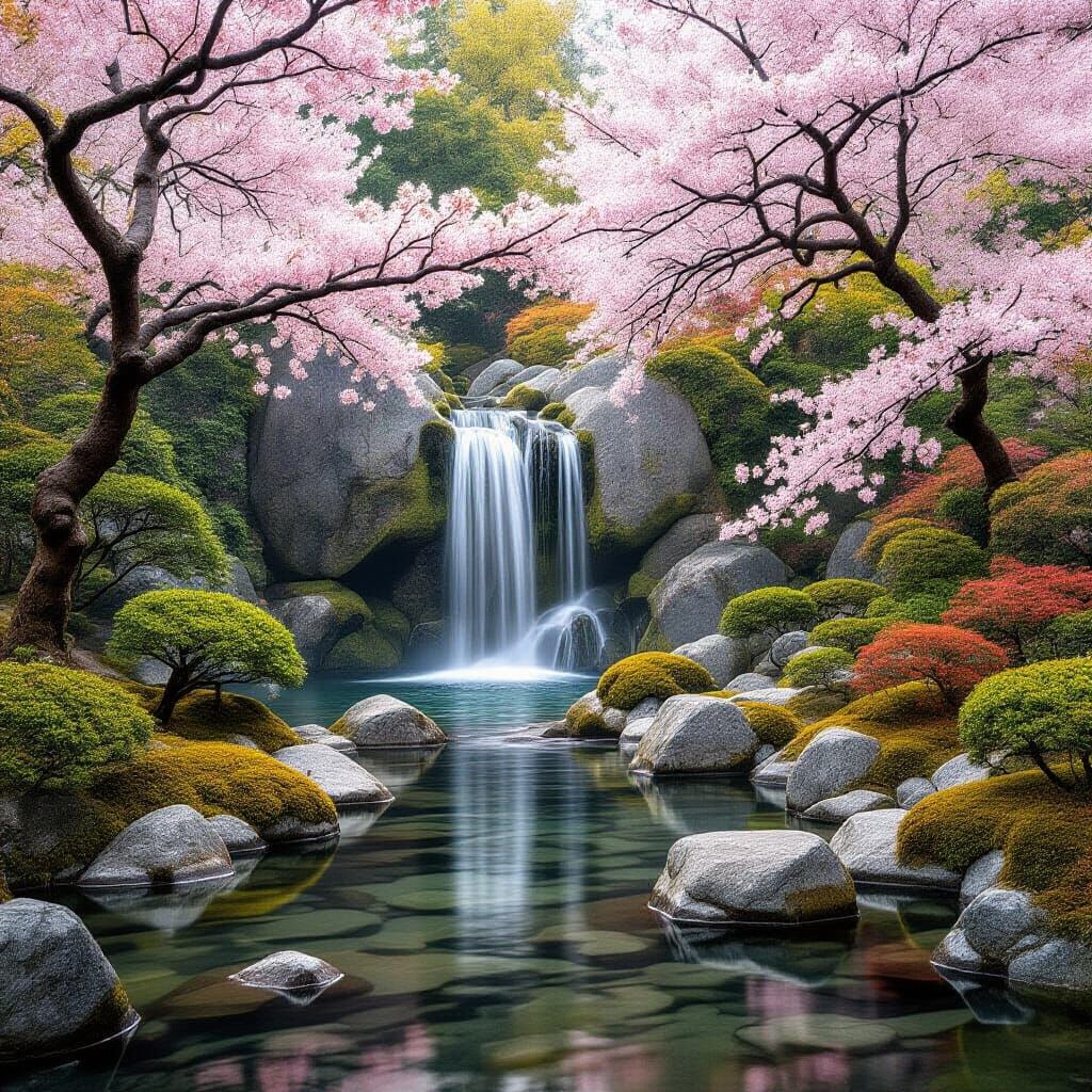 Majestic Waterfall in Japanese Garden with Cherry Blossoms