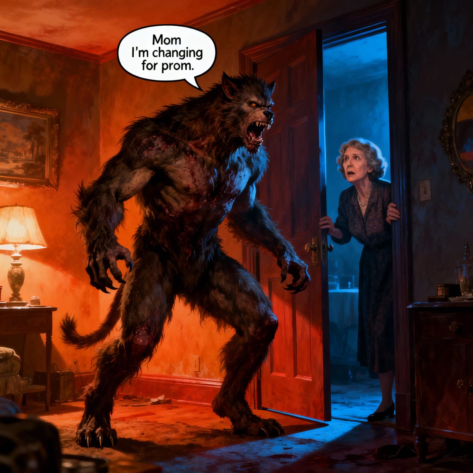 Werewolf Transformation Scene with Dramatic Lighting