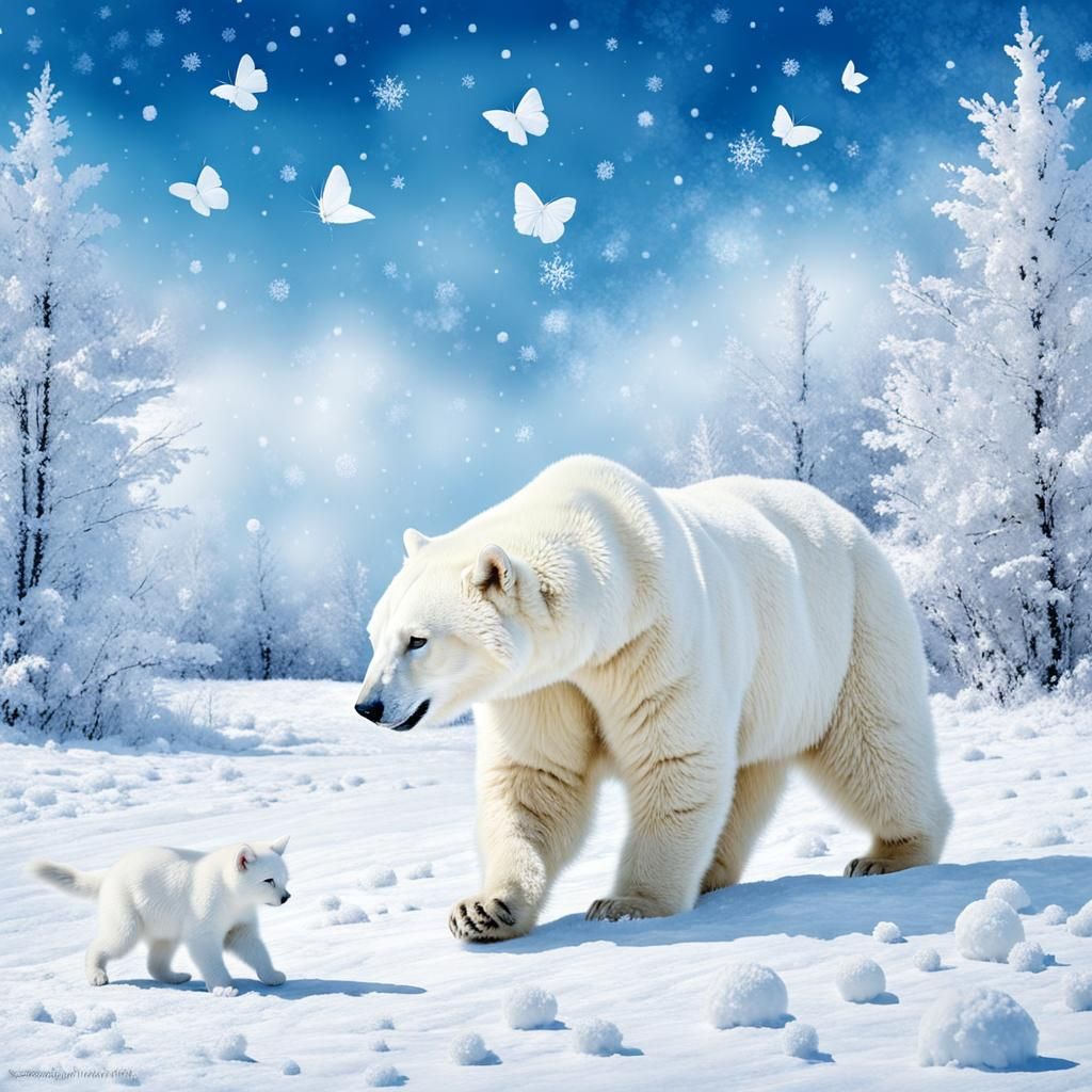 White Cat and Polar Bear in Snowy Winter Scene