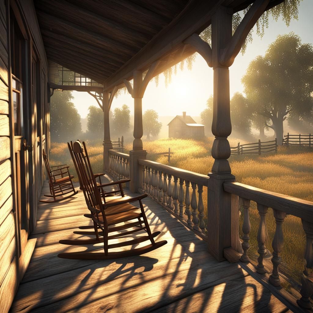 Sunlit Steampunk Veranda with Rocking Chair