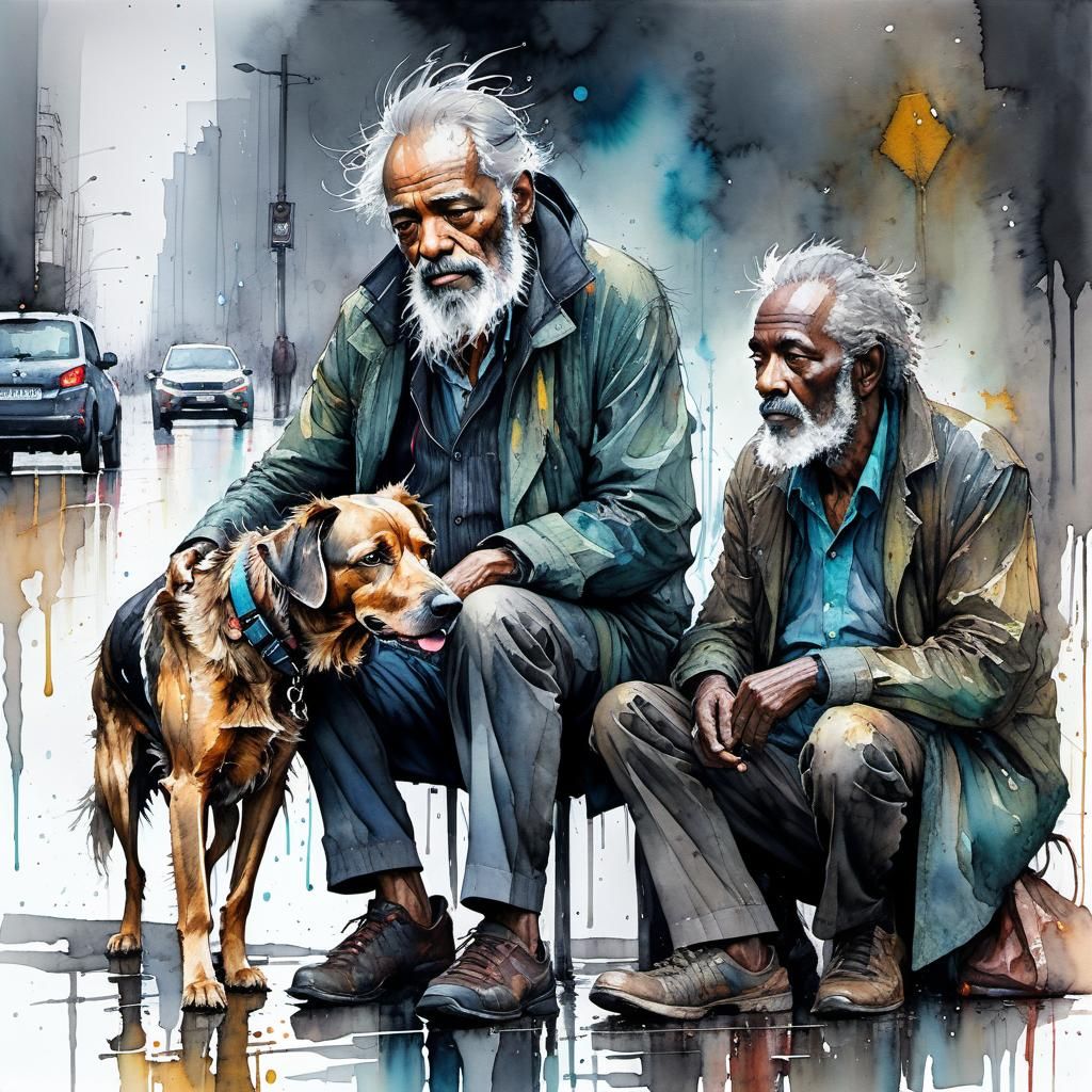 Elderly gentleman grey beard and hair, dark complexion ragged clothes very unkempt sitting on the sidewalk with his resc...