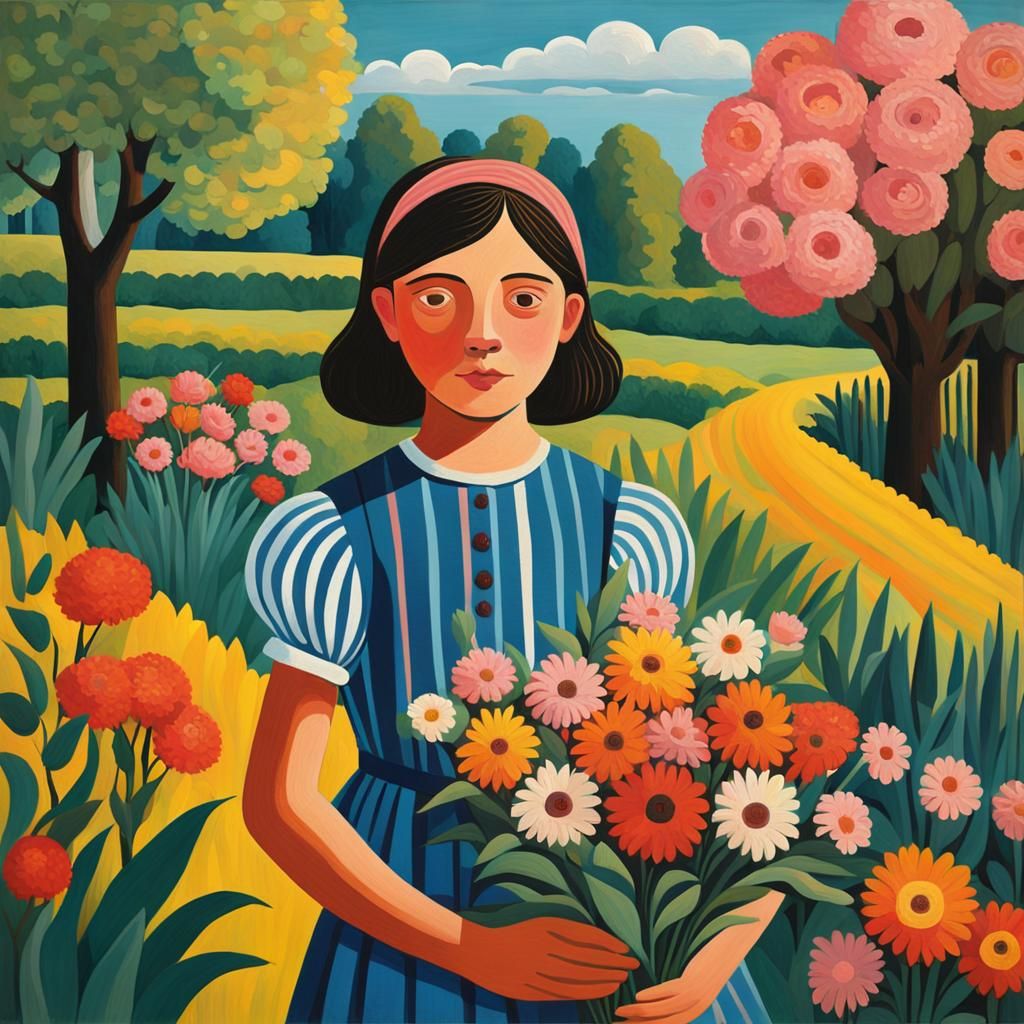 Girl With Flowers in Naive Folk Art Style