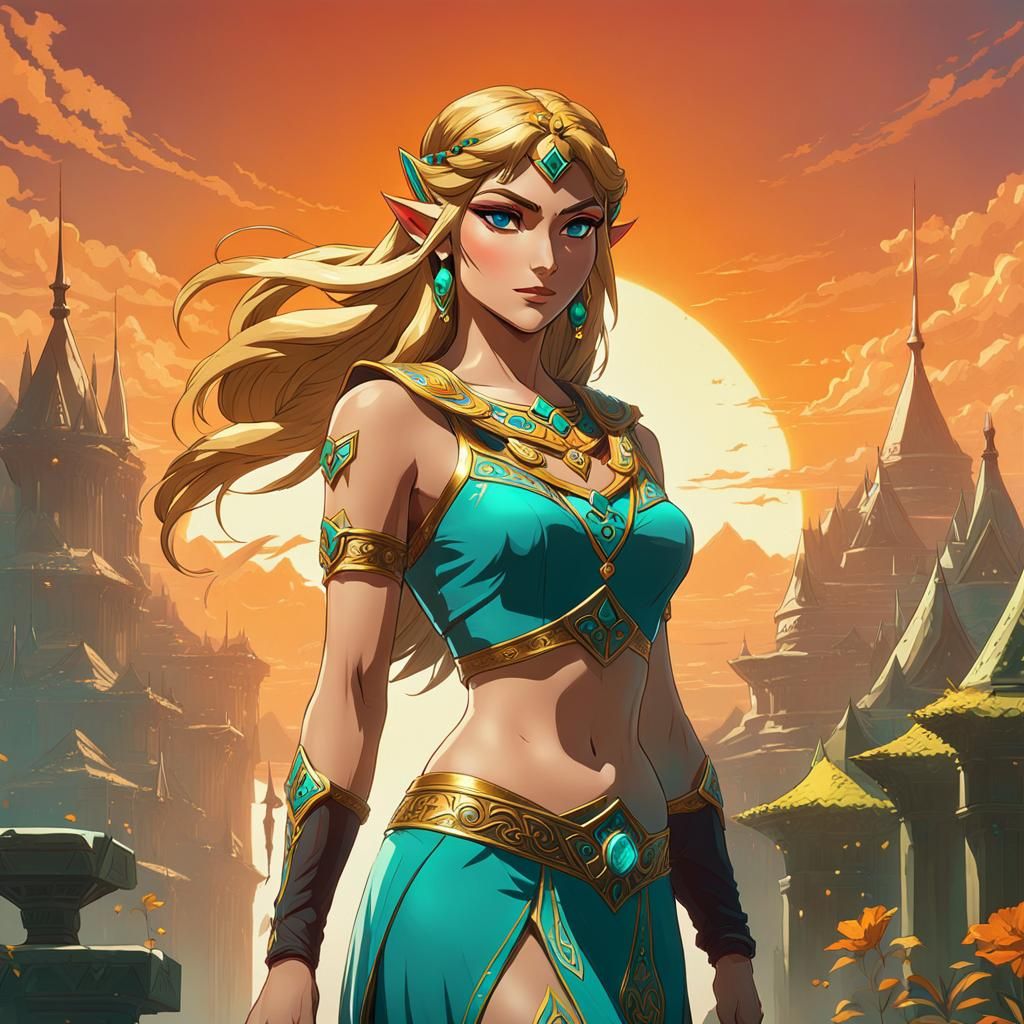 Princess Zelda Concept Art in Orange and Teal