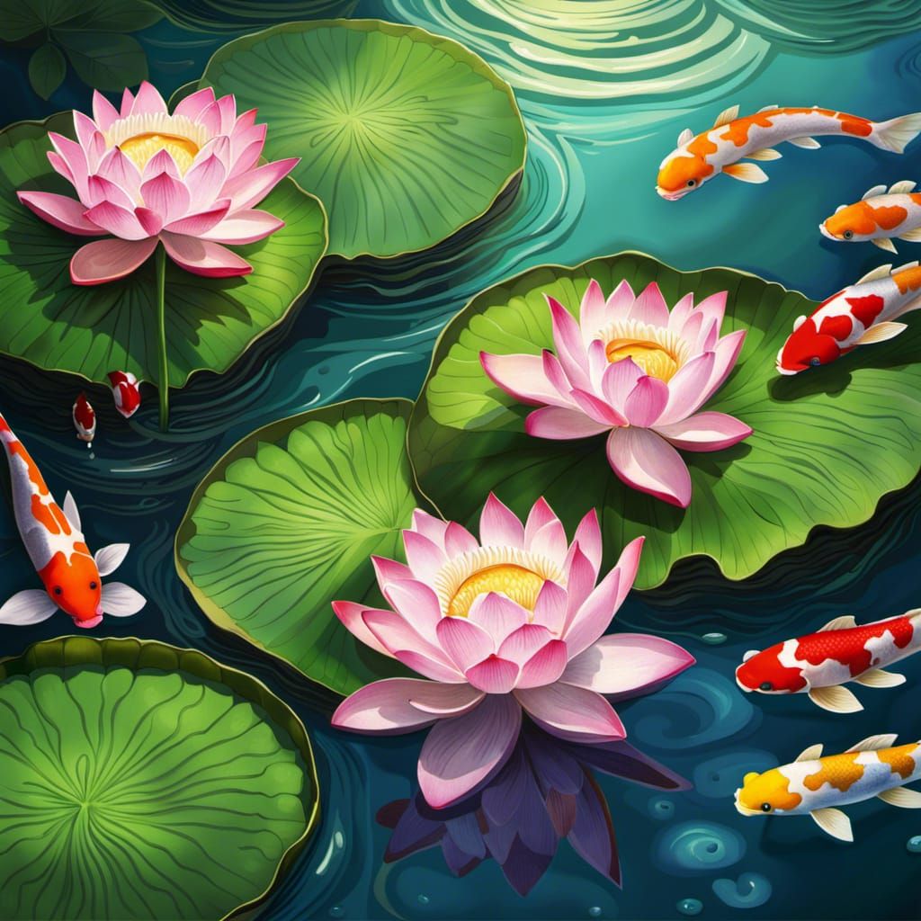Anime Koi Pond with Lotus Flowers