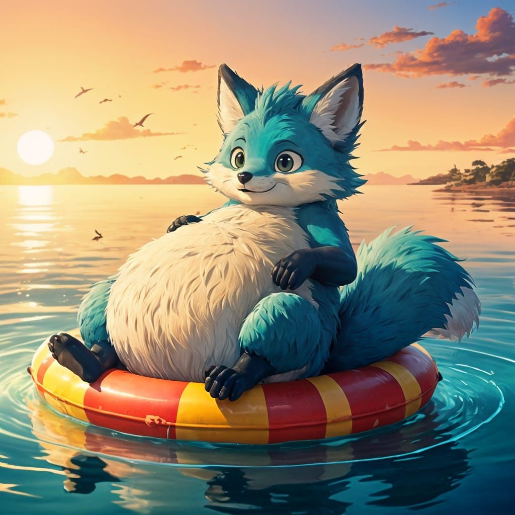Chubby Fox Basks in Sunset Splendor on Floating Tube