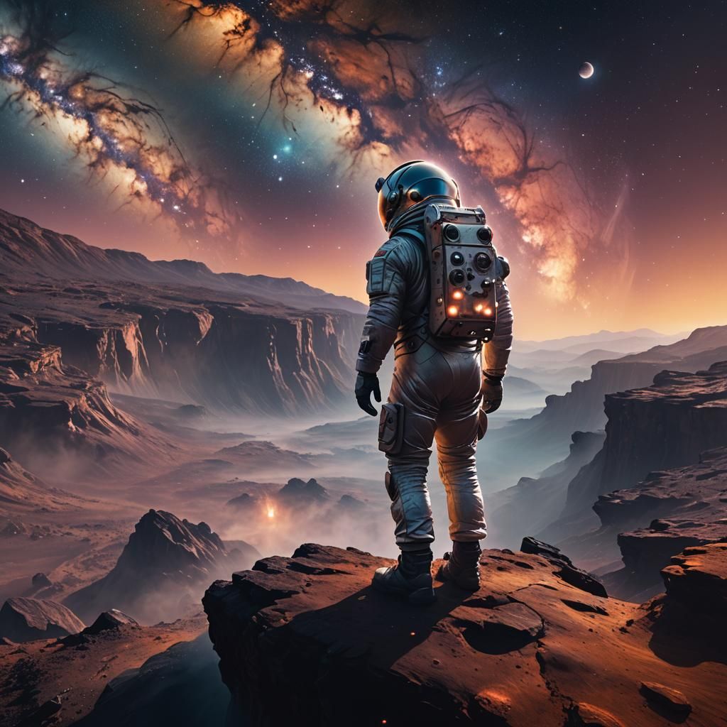 Astronaut Contemplates Starscape in Dreamy Sci-Fi Art