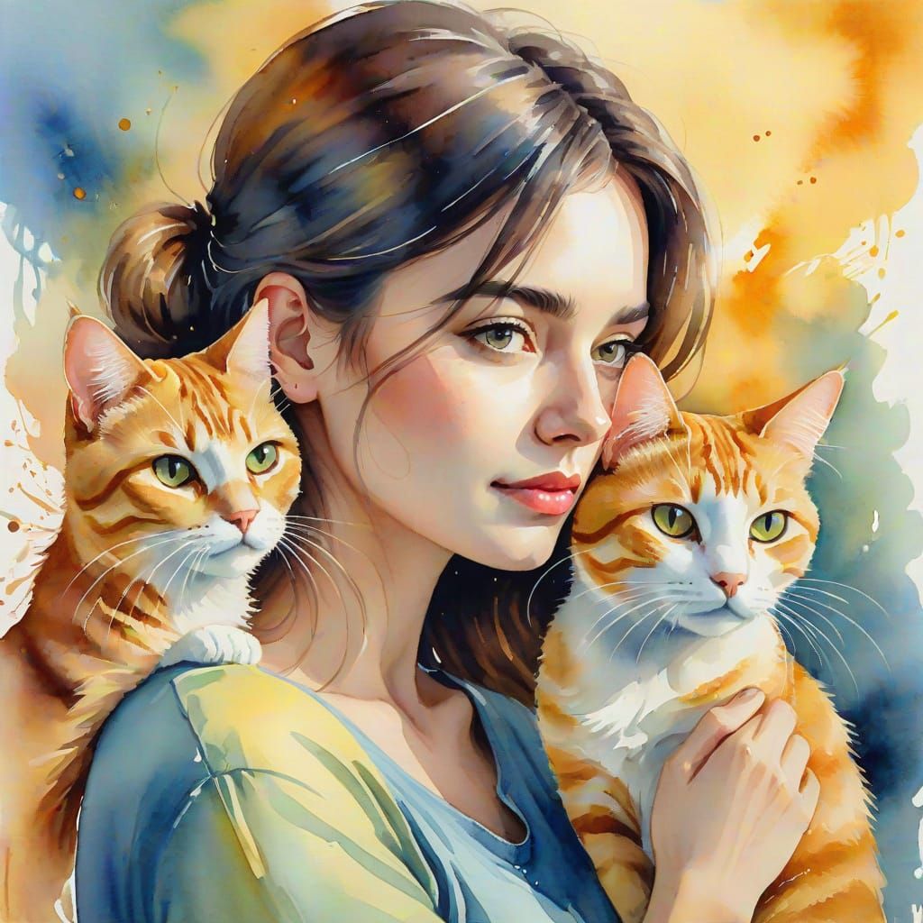 Watercolor Portrait of Woman with Cat in Abstract Style