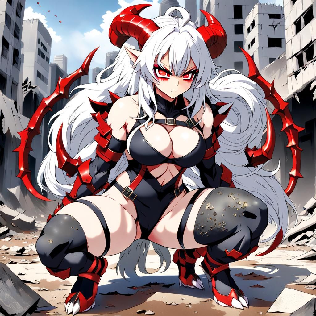 Muscular Naga Girl in Destroyed City, Anime Style
