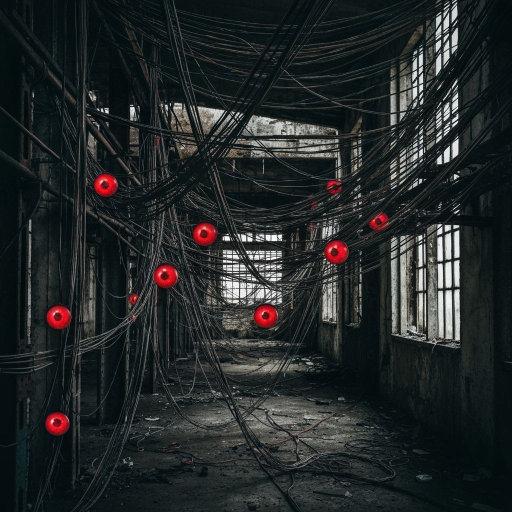 Unsettling Wire Mass with Red Eyes in Abandoned Factory
