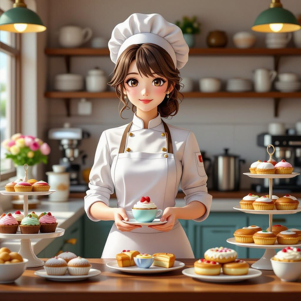 Pastry Chef at Colorful Counter, in Anime Style